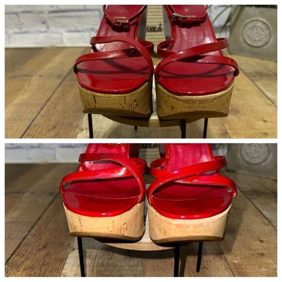 PRADA Wedge Cork Sandals Leather Platform Heels Bliss Rosso Sz 38 EU 8B US Italy - Picture 7 of 12